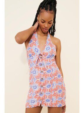 Anthropologie Maeve Halter Mini Dress Orange Blue Tie Front Linen Blend Medium